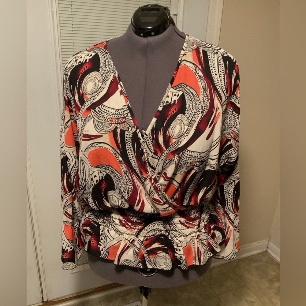 Ashley Stewart Red and Black Abstract Blouse